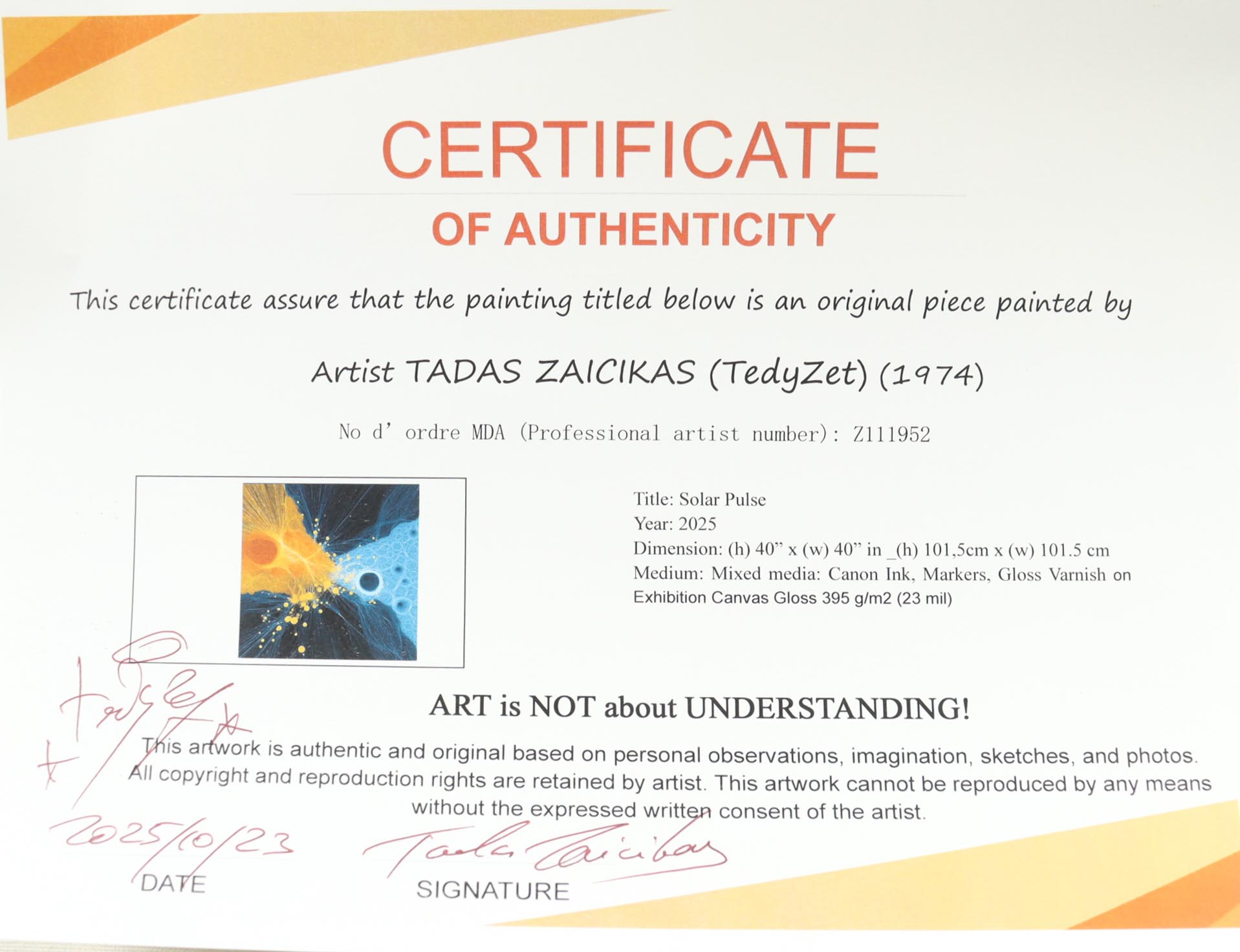 "Solar Pulse" 2025 44x44 Original Painting on Canvas by Tadas Zaicikas | TedyZet (Zaicikas) at PristineAuction.com "Solar Pulse" 2025 44x44 Original Painting on Canvas by Tadas Zaicikas | TedyZet (Zaicikas) at PristineAuction.com