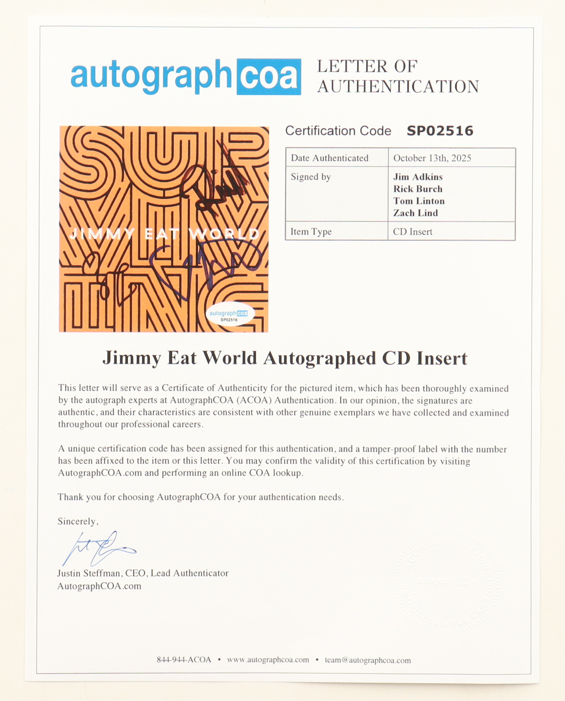 Jimmy Eat World "Surviving" Custom Framed CD Insert Display Band-Signed By (4) with Jim Adkins, Rick Burch, Tom Linton, Zach Lind (ACOA) at PristineAuction.com Jimmy Eat World "Surviving" Custom Framed CD Insert Display Band-Signed By (4) with Jim Adkins, Rick Burch, Tom Linton, Zach Lind (ACOA) at PristineAuction.com