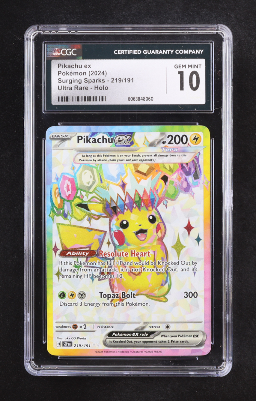 Pikachu ex 2024 Pokemon Scarlet and Violet Surging Sparks #219 (CGC 10) at PristineAuction.com Pikachu ex 2024 Pokemon Scarlet and Violet Surging Sparks #219 (CGC 10) at PristineAuction.com