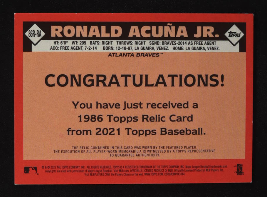 Ronald Acuna 2021 Topps '86 Topps Relics Gold #86RRA #07/50 at PristineAuction.com Ronald Acuna 2021 Topps '86 Topps Relics Gold #86RRA #07/50 at PristineAuction.com