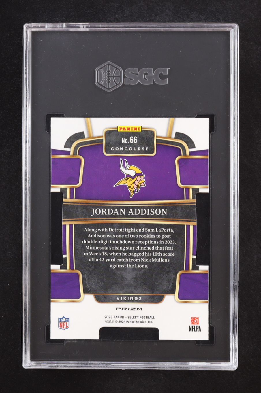 Jordan Addison 2023 Select Prizm Red and Blue Die Cut #66 RC (SGC 9.5) at PristineAuction.com Jordan Addison 2023 Select Prizm Red and Blue Die Cut #66 RC (SGC 9.5) at PristineAuction.com