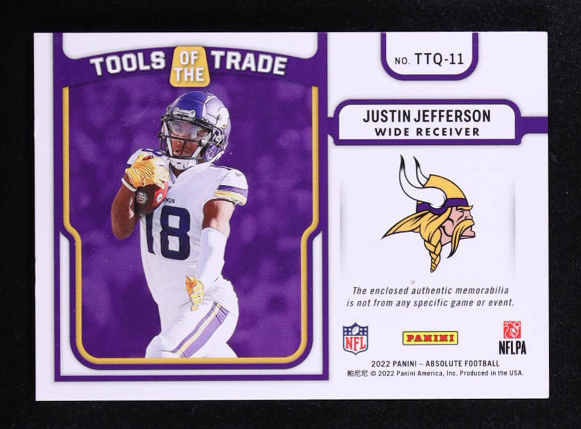 Justin Jefferson 2022 Absolute Tools of the Trade Quad Materials #11 #73/99 at PristineAuction.com Justin Jefferson 2022 Absolute Tools of the Trade Quad Materials #11 #73/99 at PristineAuction.com