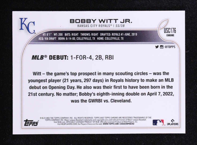 Bobby Witt Jr. 2022 Topps Chrome Update Purple Refractors #USC176 RC at PristineAuction.com Bobby Witt Jr. 2022 Topps Chrome Update Purple Refractors #USC176 RC at PristineAuction.com