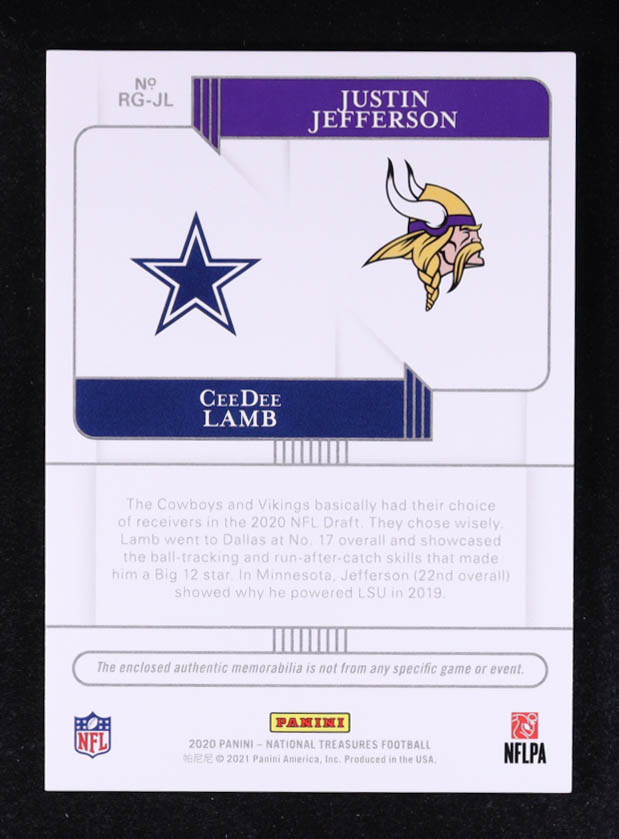 CeeDee Lamb / Justin Jefferson 2020 Panini National Treasures Rookie NFL Gear Combo Materials #26 #72/99 RC at PristineAuction.com CeeDee Lamb / Justin Jefferson 2020 Panini National Treasures Rookie NFL Gear Combo Materials #26 #72/99 RC at PristineAuction.com