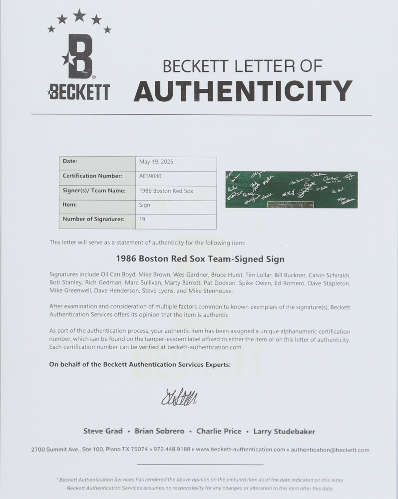 1986 Red Sox 12x36 Patches Board Signed By (19) with Dave Henderson, Bruce Hurst, Wes Gardner (Beckett) at PristineAuction.com 1986 Red Sox 12x36 Patches Board Signed By (19) with Dave Henderson, Bruce Hurst, Wes Gardner (Beckett) at PristineAuction.com