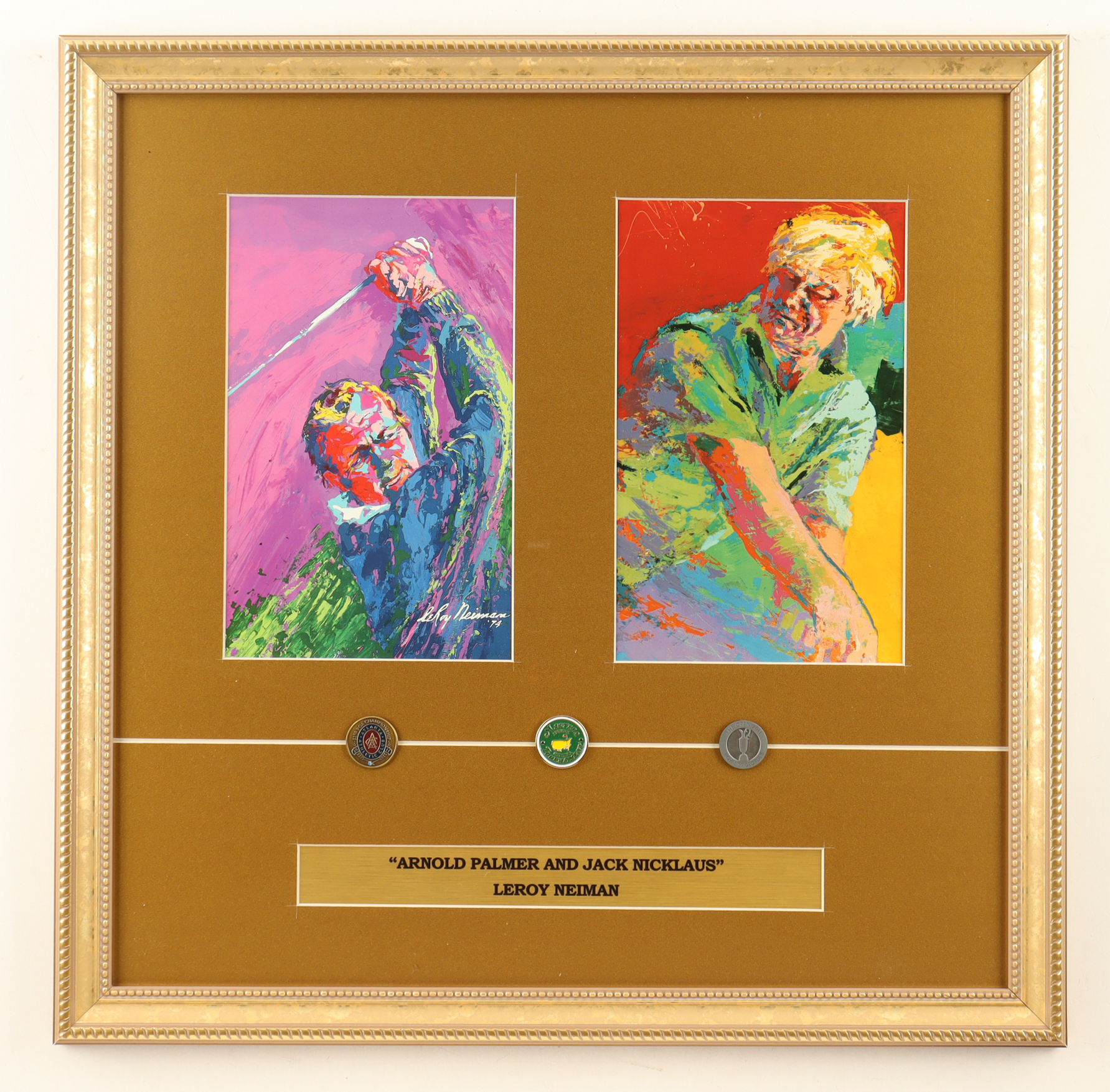 LeRoy Neiman Set of (2) Arnold Palmer & Jack Nicklaus Custom Framed Art Print Display with Three Major Champion Ball Markers at PristineAuction.com LeRoy Neiman Set of (2) Arnold Palmer & Jack Nicklaus Custom Framed Art Print Display with Three Major Champion Ball Markers at PristineAuction.com