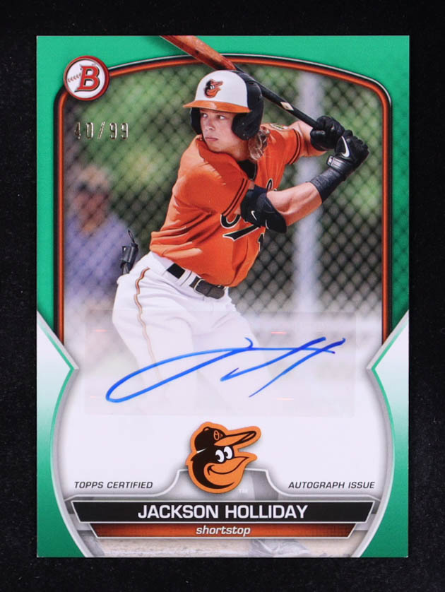 Jackson Holliday 2023 Bowman Prospect Autographs Green #PPAJH RC #40/99 at PristineAuction.com Jackson Holliday 2023 Bowman Prospect Autographs Green #PPAJH RC #40/99 at PristineAuction.com