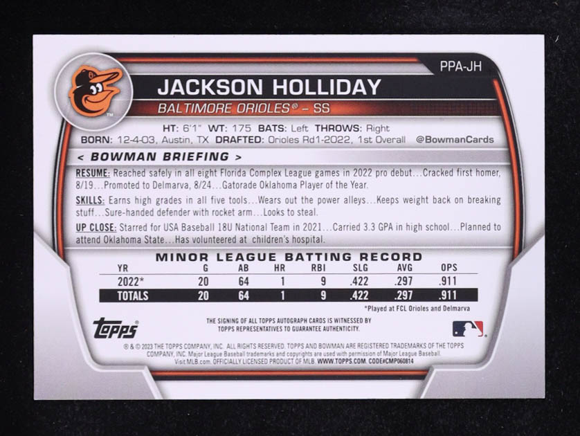 Jackson Holliday 2023 Bowman Prospect Autographs Green #PPAJH RC #40/99 at PristineAuction.com Jackson Holliday 2023 Bowman Prospect Autographs Green #PPAJH RC #40/99 at PristineAuction.com
