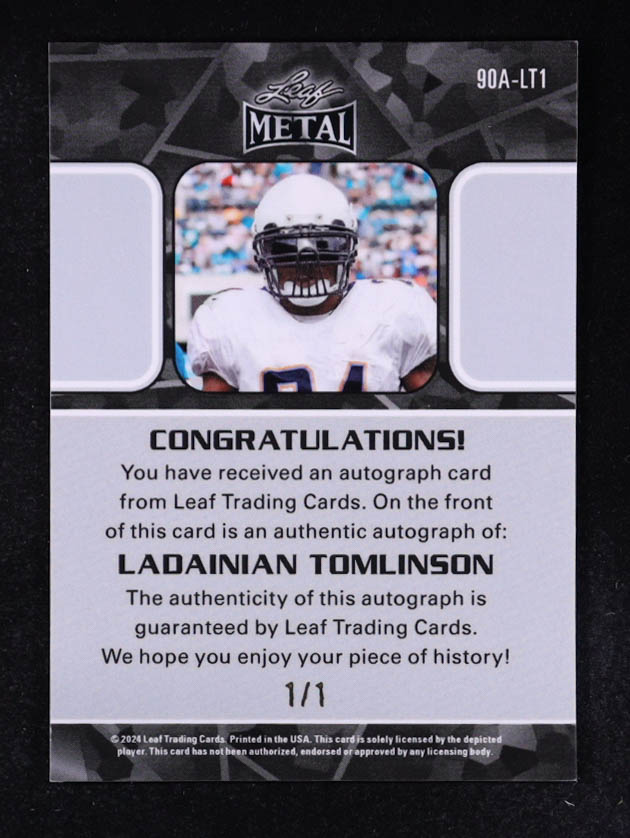 LaDainian Tomlinson 2024 Leaf Metal '90 Leaf Autographs Shimmer Red #90ALT1 #1/1 at PristineAuction.com LaDainian Tomlinson 2024 Leaf Metal '90 Leaf Autographs Shimmer Red #90ALT1 #1/1 at PristineAuction.com