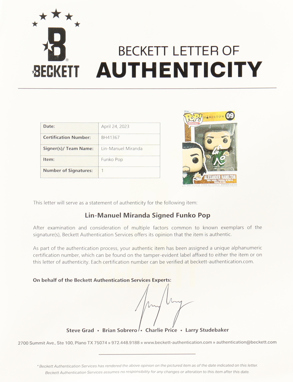 Lin-Manuel Miranda Signed "Hamilton" #09 Alexander Hamilton Funko Pop! Vinyl Figure (Beckett) at PristineAuction.com Lin-Manuel Miranda Signed "Hamilton" #09 Alexander Hamilton Funko Pop! Vinyl Figure (Beckett) at PristineAuction.com