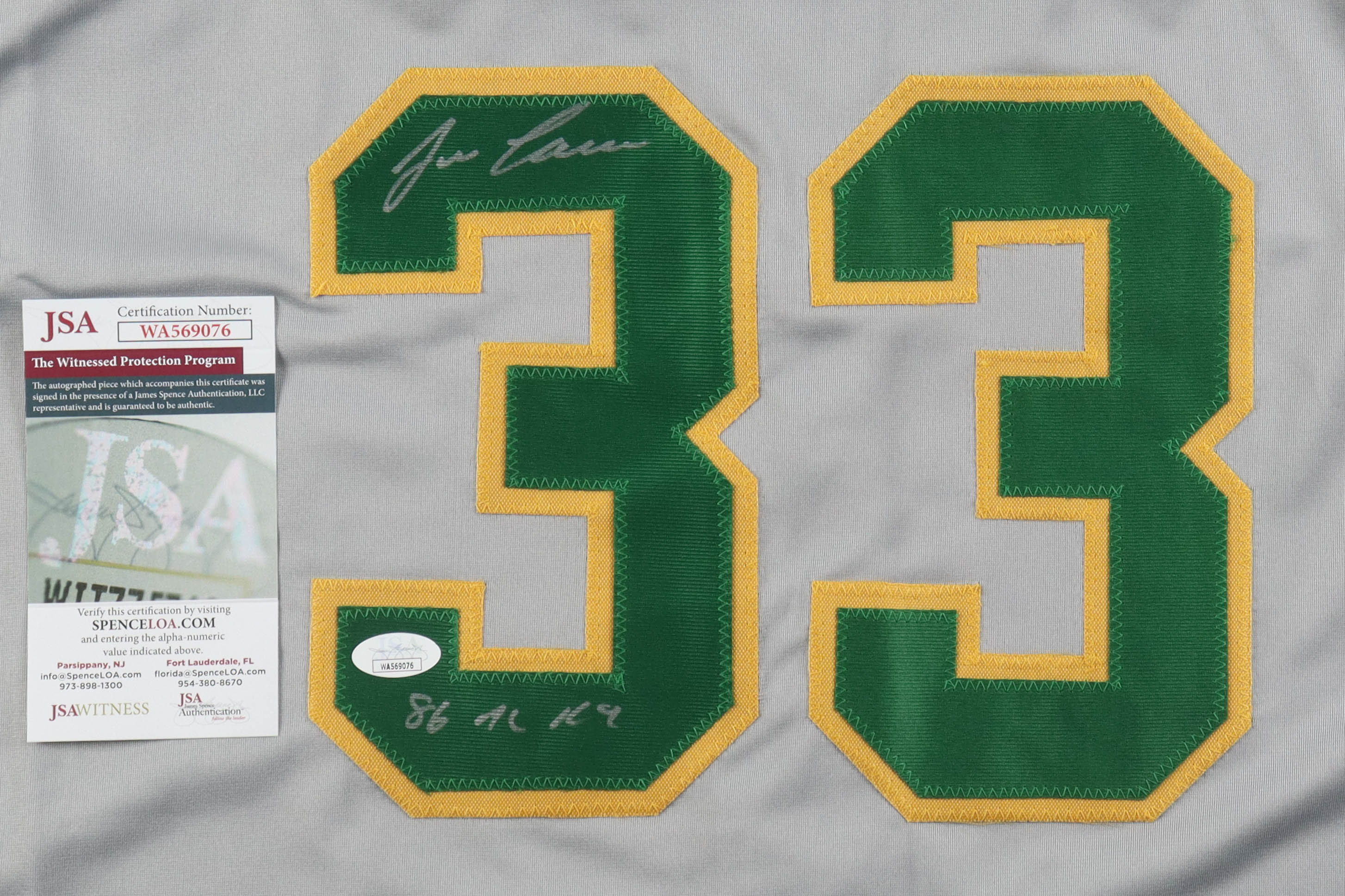 Jose Canseco Signed Jersey Inscribed "86 AL ROY" (JSA) at PristineAuction.com Jose Canseco Signed Jersey Inscribed "86 AL ROY" (JSA) at PristineAuction.com