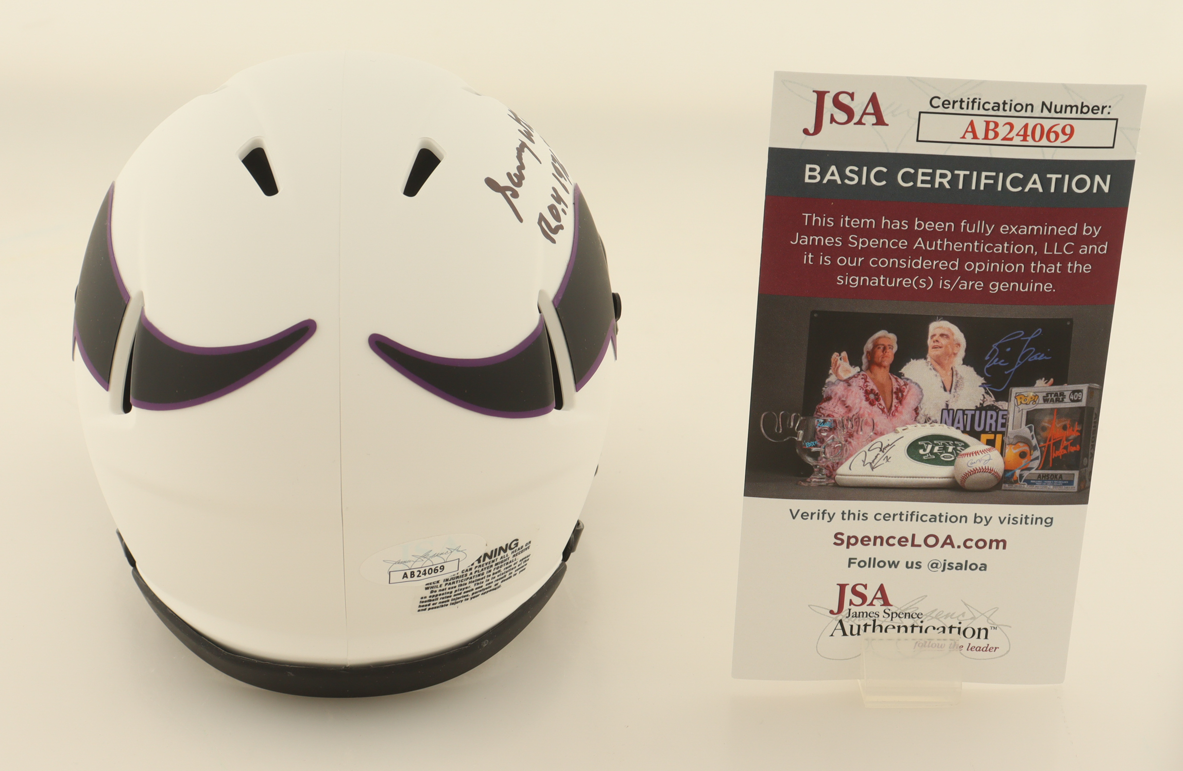 Sammy White Signed Vikings Lunar Eclipse Alternate Speed Mini Helmet Inscribed "R.O.Y 1976" (JSA) at PristineAuction.com Sammy White Signed Vikings Lunar Eclipse Alternate Speed Mini Helmet Inscribed "R.O.Y 1976" (JSA) at PristineAuction.com