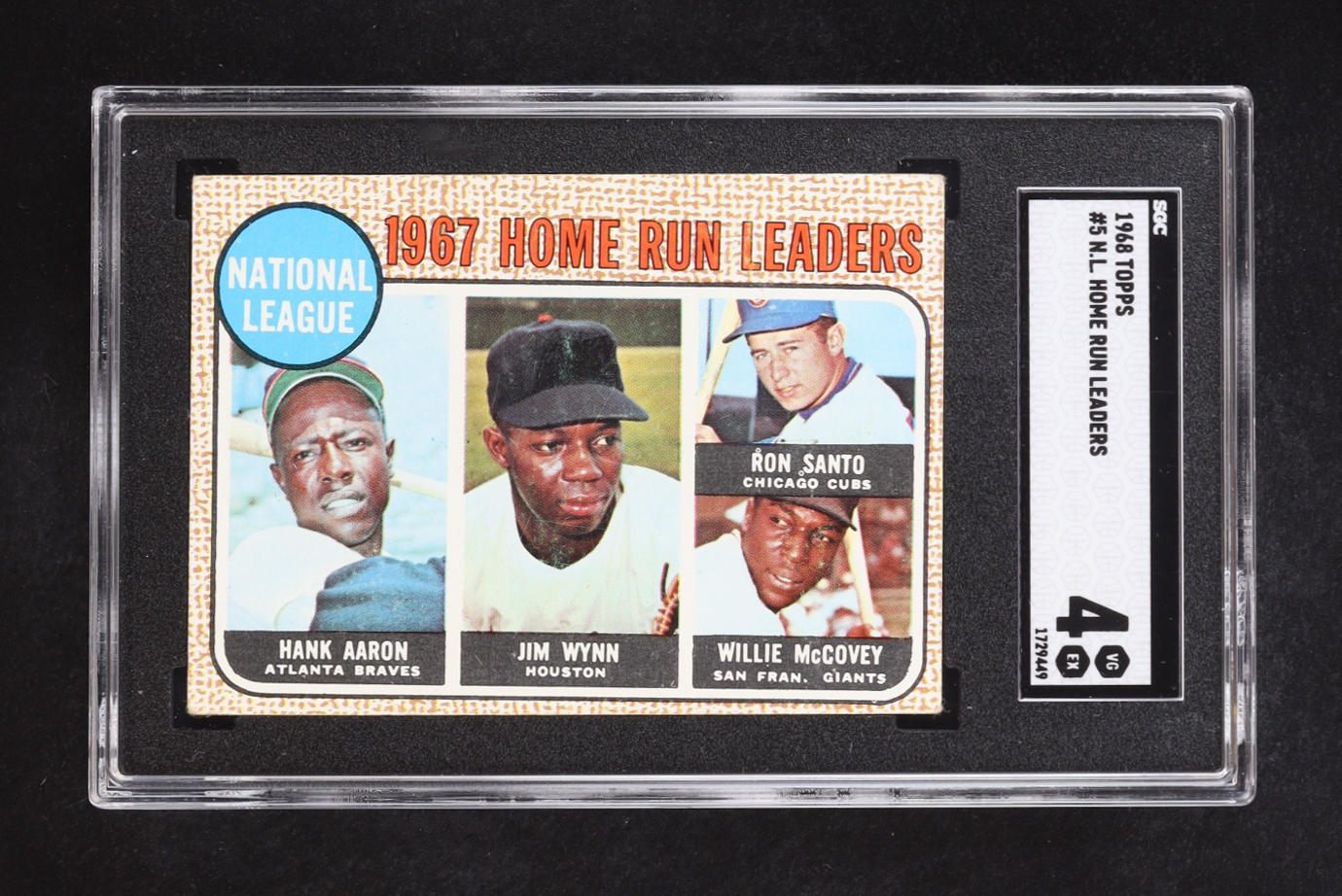Hank Aaron / Jim Wynn / Ron Santo / Willie McCovey 1968 Topps #5 NL Home Run Leaders (SGC 4) at PristineAuction.com Hank Aaron / Jim Wynn / Ron Santo / Willie McCovey 1968 Topps #5 NL Home Run Leaders (SGC 4) at PristineAuction.com