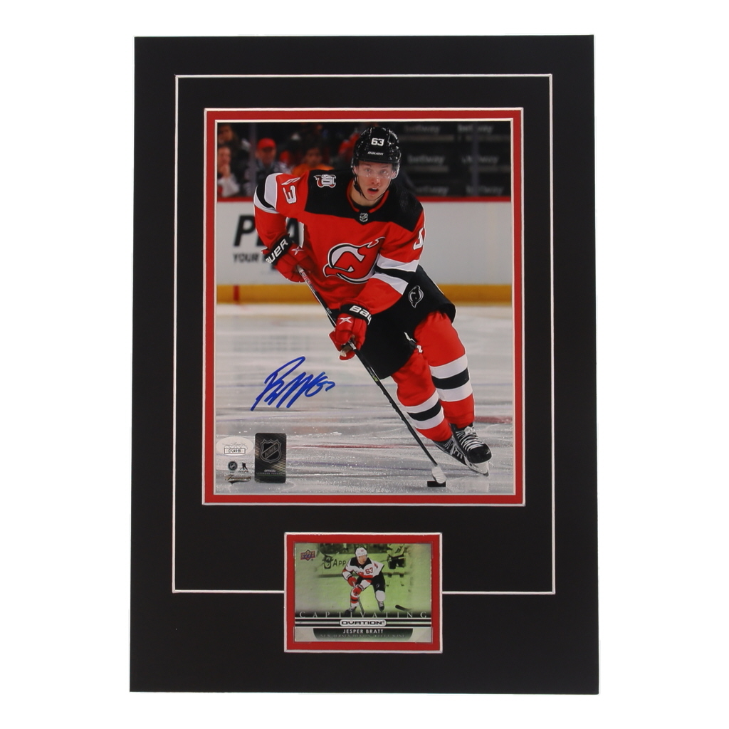 Jesper Bratt Signed Devils 12x17 Custom Matted Photo Display with Trading Card (JSA) at PristineAuction.com Jesper Bratt Signed Devils 12x17 Custom Matted Photo Display with Trading Card (JSA) at PristineAuction.com