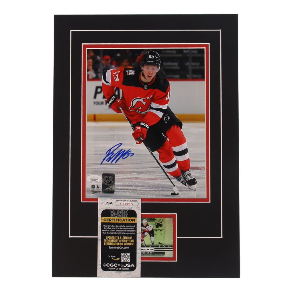 Jesper Bratt Signed Devils 12x17 Custom Matted Photo Display with Trading Card (JSA) at PristineAuction.com Jesper Bratt Signed Devils 12x17 Custom Matted Photo Display with Trading Card (JSA) at PristineAuction.com