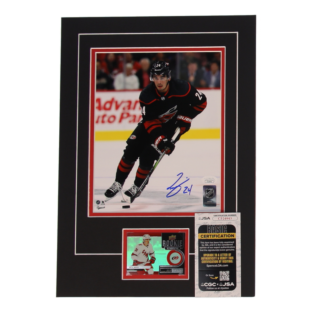 Seth Jarvis Signed Hurricanes 12x17 Custom Matted Photo Display with Trading Card (JSA) at PristineAuction.com Seth Jarvis Signed Hurricanes 12x17 Custom Matted Photo Display with Trading Card (JSA) at PristineAuction.com