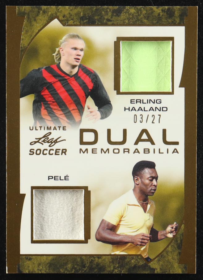 Erling Haaland / Pele 2022 Leaf Ultimate Dual Memorabilia Gold #UDM5 #03/27 at PristineAuction.com Erling Haaland / Pele 2022 Leaf Ultimate Dual Memorabilia Gold #UDM5 #03/27 at PristineAuction.com