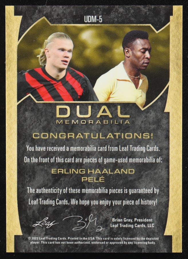 Erling Haaland / Pele 2022 Leaf Ultimate Dual Memorabilia Gold #UDM5 #03/27 at PristineAuction.com Erling Haaland / Pele 2022 Leaf Ultimate Dual Memorabilia Gold #UDM5 #03/27 at PristineAuction.com