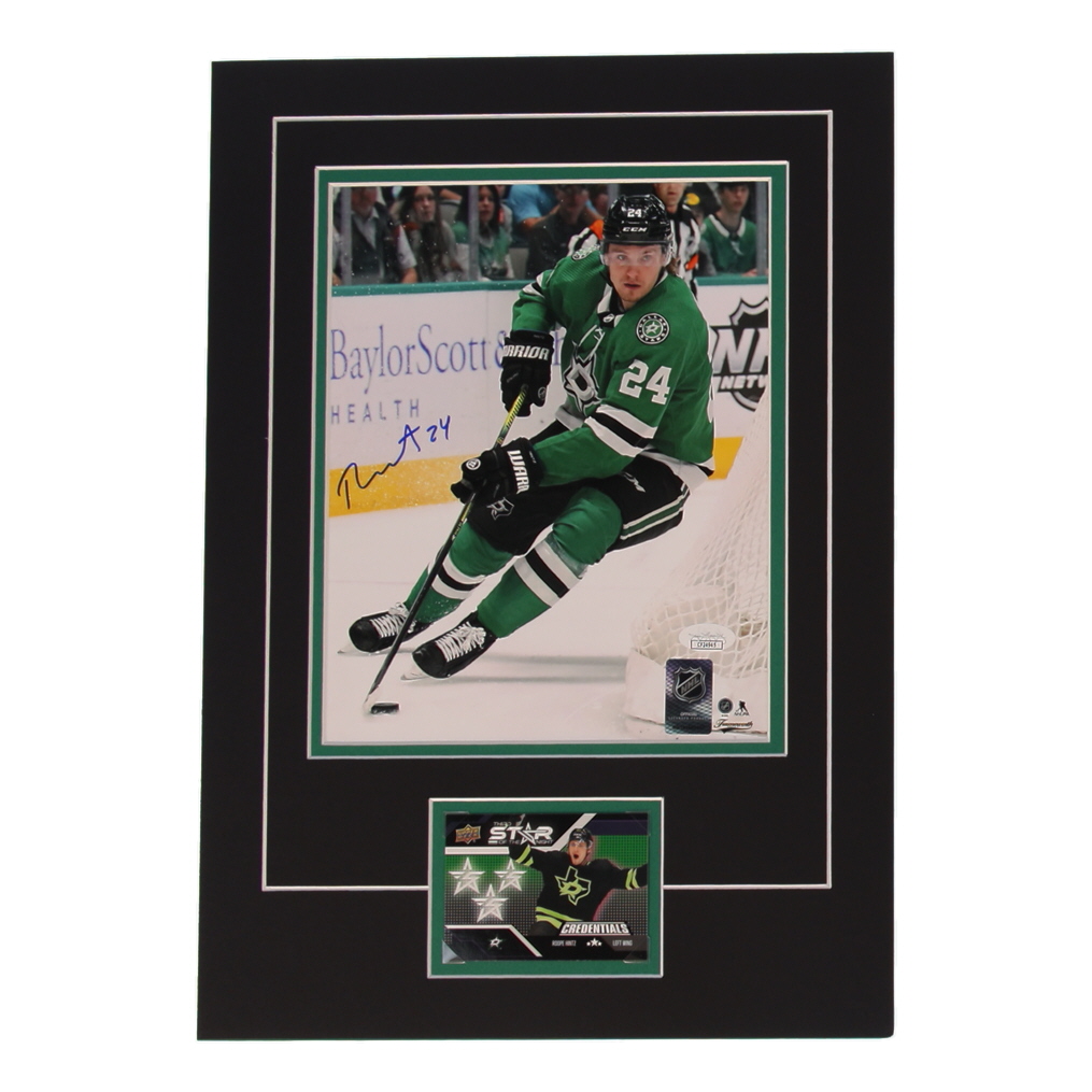 Roope Hintz Signed Stars 12x17 Custom Matted Photo Display with Trading Card (JSA) at PristineAuction.com Roope Hintz Signed Stars 12x17 Custom Matted Photo Display with Trading Card (JSA) at PristineAuction.com