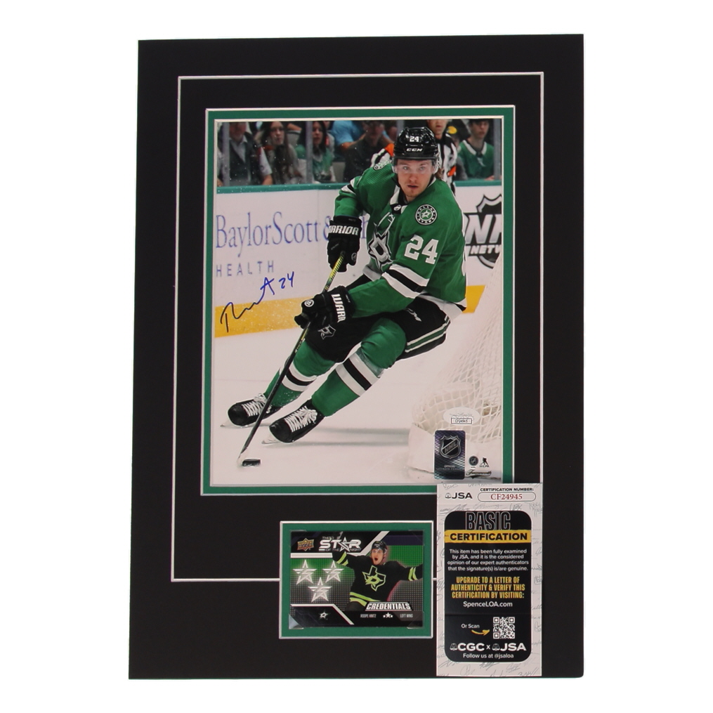 Roope Hintz Signed Stars 12x17 Custom Matted Photo Display with Trading Card (JSA) at PristineAuction.com Roope Hintz Signed Stars 12x17 Custom Matted Photo Display with Trading Card (JSA) at PristineAuction.com