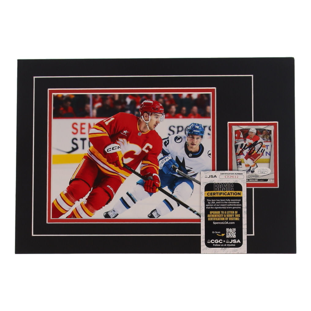 Mikael Backlund Signed Flames 12x17 Custom Matted Photo Display with Trading Card (JSA) at PristineAuction.com Mikael Backlund Signed Flames 12x17 Custom Matted Photo Display with Trading Card (JSA) at PristineAuction.com