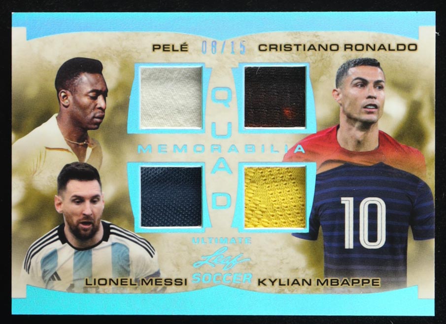 Pele / Lionel Messi / Cristiano Ronaldo / Kylian Mbappe 2022 Leaf Ultimate Quad Memorabilia Emerald Spectrum #UQM12 #08/15 at PristineAuction.com Pele / Lionel Messi / Cristiano Ronaldo / Kylian Mbappe 2022 Leaf Ultimate Quad Memorabilia Emerald Spectrum #UQM12 #08/15 at PristineAuction.com