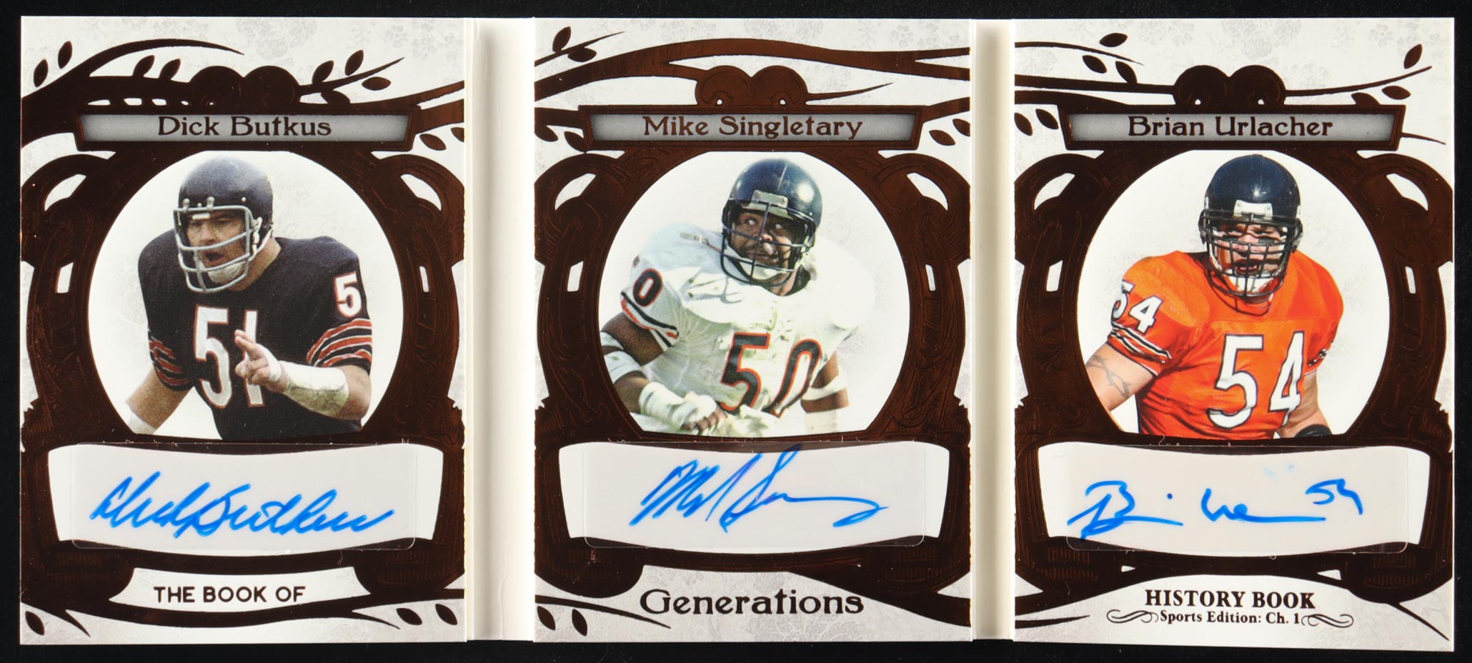 Dick Butkus / Mike Singletary / Brian Urlacher 2023 Leaf History Book Sports Edition Chapter One The Book Of Generations Bronze #BGE5 #02/25 at PristineAuction.com Dick Butkus / Mike Singletary / Brian Urlacher 2023 Leaf History Book Sports Edition Chapter One The Book Of Generations Bronze #BGE5 #02/25 at PristineAuction.com