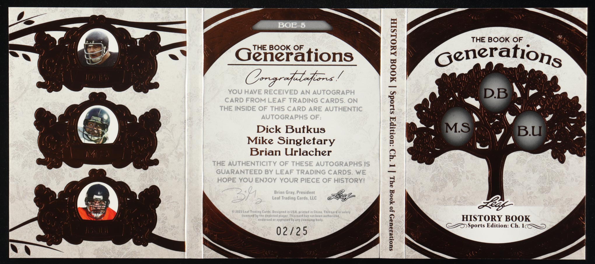 Dick Butkus / Mike Singletary / Brian Urlacher 2023 Leaf History Book Sports Edition Chapter One The Book Of Generations Bronze #BGE5 #02/25 at PristineAuction.com Dick Butkus / Mike Singletary / Brian Urlacher 2023 Leaf History Book Sports Edition Chapter One The Book Of Generations Bronze #BGE5 #02/25 at PristineAuction.com