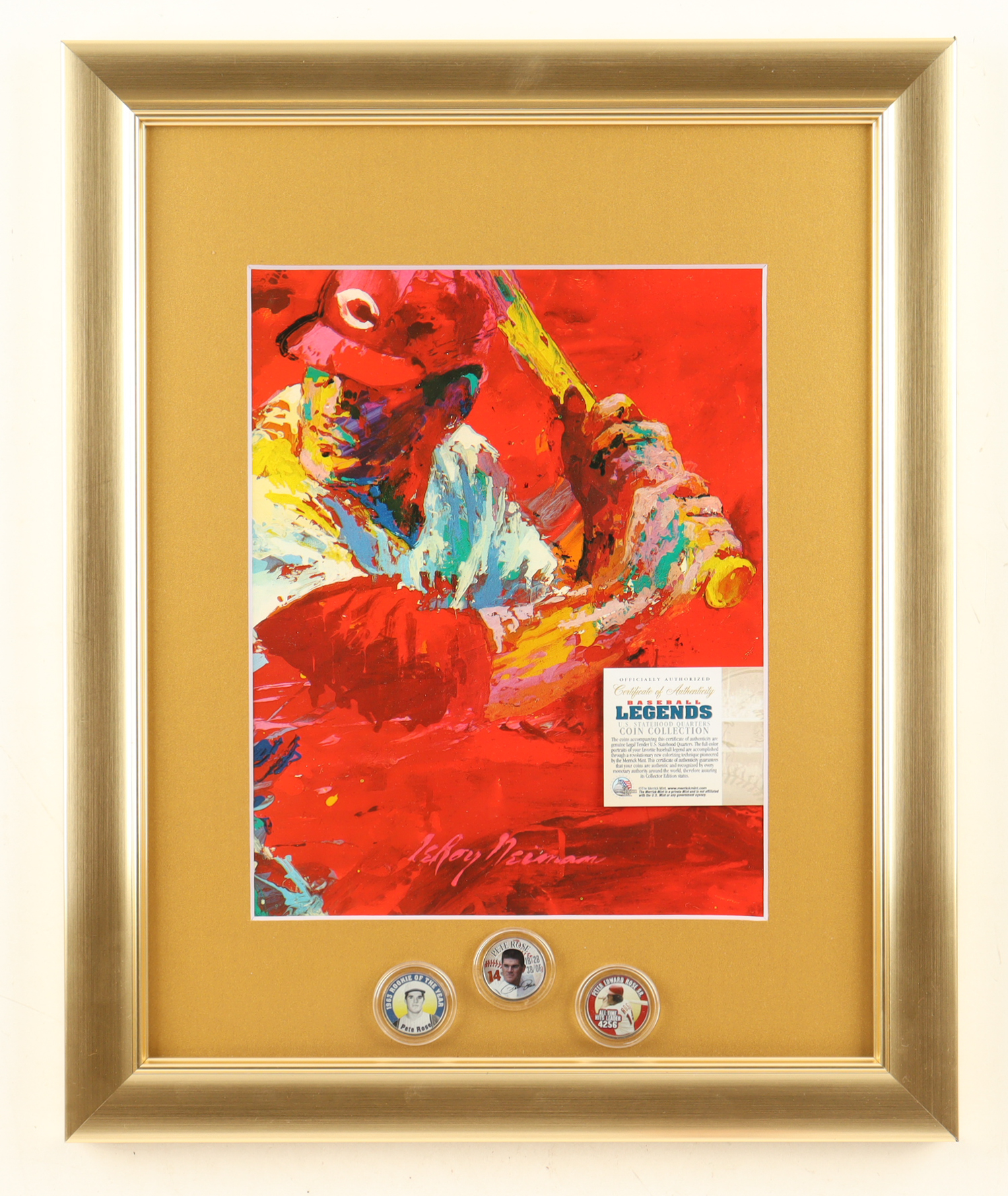 LeRoy Neiman "Charlie Hustle" Custom Framed Pete Rose Art Print with Set of (3) Merrick Mint Coins at PristineAuction.com LeRoy Neiman "Charlie Hustle" Custom Framed Pete Rose Art Print with Set of (3) Merrick Mint Coins at PristineAuction.com