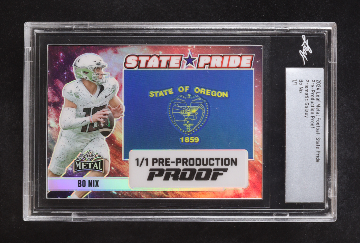 Bo Nix 2024 Leaf Metal State Pride Prismatic Galaxy Pre-Production Proof #NNO #1/1 RC (Leaf) at PristineAuction.com Bo Nix 2024 Leaf Metal State Pride Prismatic Galaxy Pre-Production Proof #NNO #1/1 RC (Leaf) at PristineAuction.com