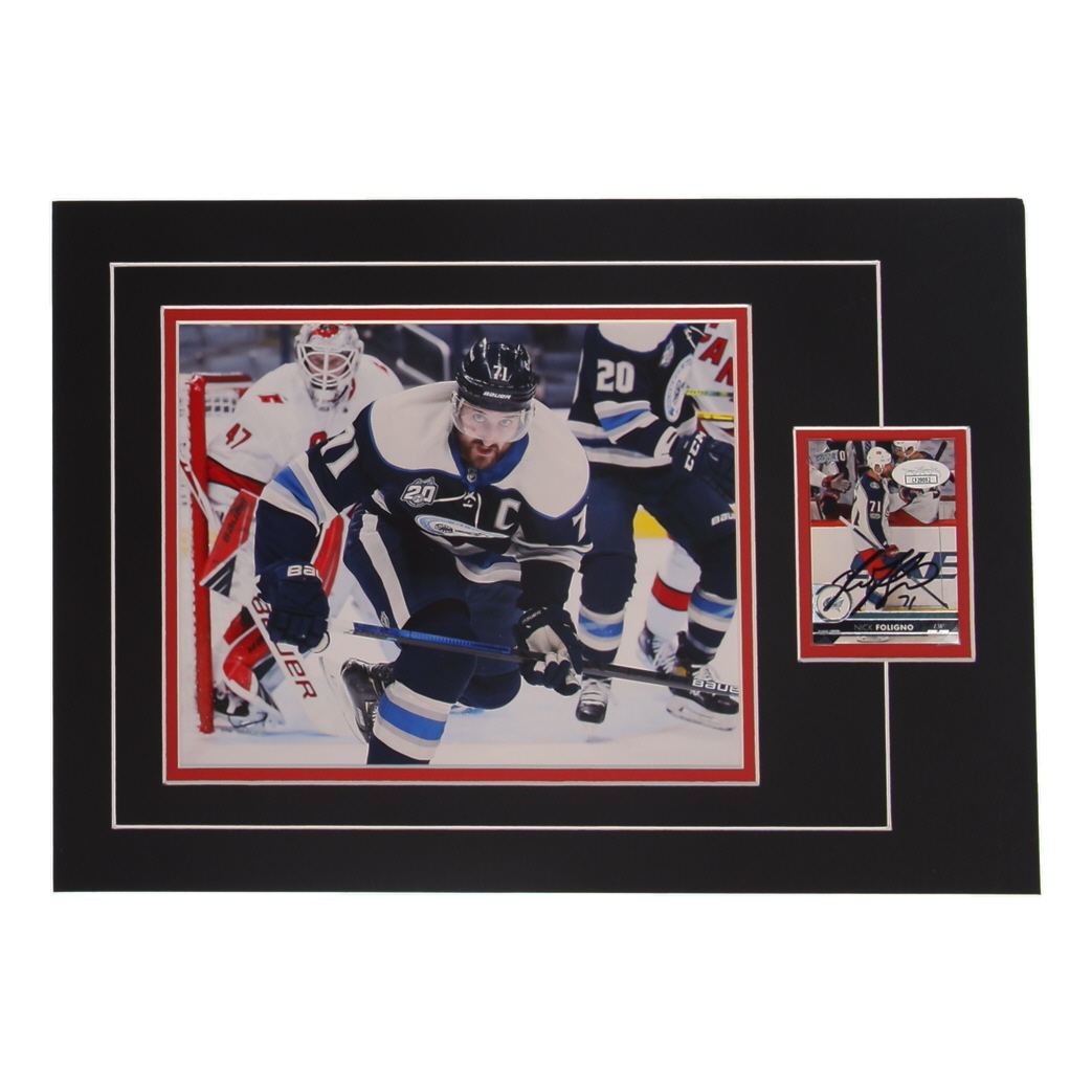 Nick Foligno Signed Blue Jackets 12x17 Custom Matted Sports Card Display with Photo (JSA) at PristineAuction.com Nick Foligno Signed Blue Jackets 12x17 Custom Matted Sports Card Display with Photo (JSA) at PristineAuction.com