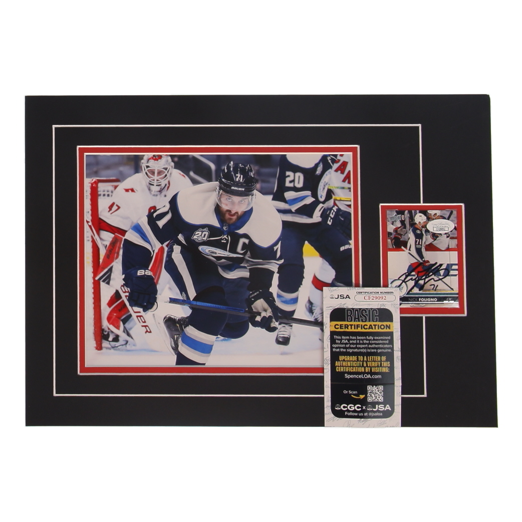 Nick Foligno Signed Blue Jackets 12x17 Custom Matted Sports Card Display with Photo (JSA) at PristineAuction.com Nick Foligno Signed Blue Jackets 12x17 Custom Matted Sports Card Display with Photo (JSA) at PristineAuction.com