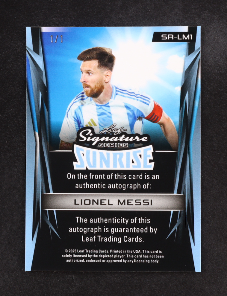 Lionel Messi 2025 Leaf Signature Series Sunrise Autographs Super Prismatic Gold #SRLM1 #1/1 at PristineAuction.com Lionel Messi 2025 Leaf Signature Series Sunrise Autographs Super Prismatic Gold #SRLM1 #1/1 at PristineAuction.com