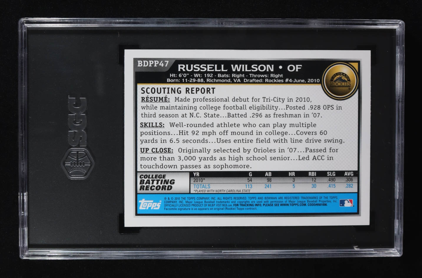 Russell Wilson 2010 Bowman Draft Prospects #BDPP47 RC (SGC 10) at PristineAuction.com Russell Wilson 2010 Bowman Draft Prospects #BDPP47 RC (SGC 10) at PristineAuction.com