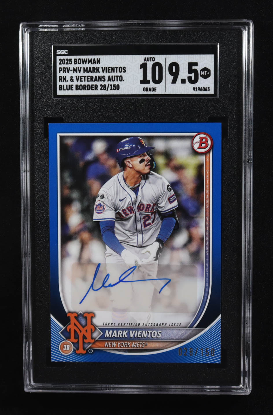 Mark Vientos 2025 Bowman Rookie and Veteran Autographs Blue Border #PRVMV #028/150 RC (SGC 9.5 | Auto 10) at PristineAuction.com Mark Vientos 2025 Bowman Rookie and Veteran Autographs Blue Border #PRVMV #028/150 RC (SGC 9.5 | Auto 10) at PristineAuction.com