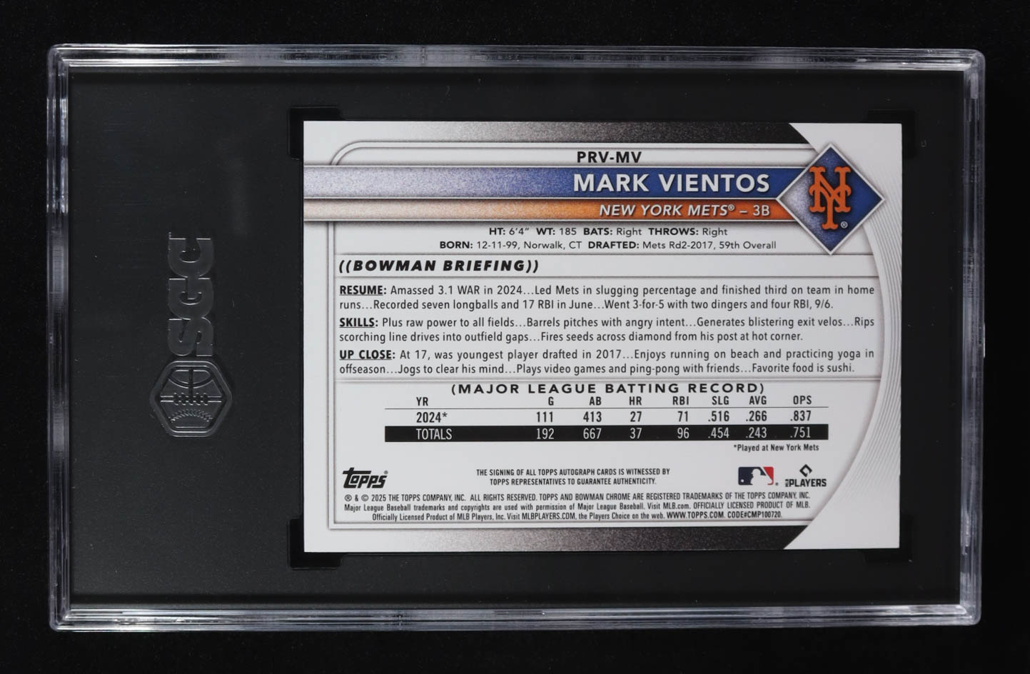 Mark Vientos 2025 Bowman Rookie and Veteran Autographs Blue Border #PRVMV #028/150 RC (SGC 9.5 | Auto 10) at PristineAuction.com Mark Vientos 2025 Bowman Rookie and Veteran Autographs Blue Border #PRVMV #028/150 RC (SGC 9.5 | Auto 10) at PristineAuction.com