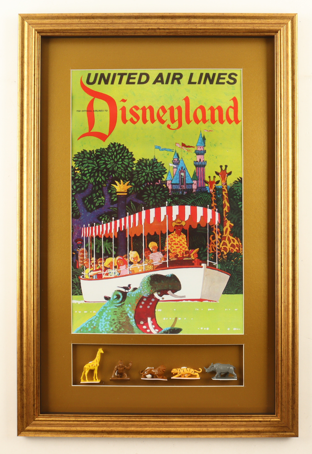 "Jungle Cruise" Disneyland United Air Lines Custom Framed Display with 5 Vintage Disneyland Jungle Cruise Figurines at PristineAuction.com "Jungle Cruise" Disneyland United Air Lines Custom Framed Display with 5 Vintage Disneyland Jungle Cruise Figurines at PristineAuction.com