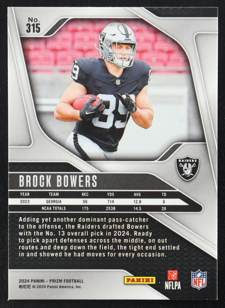 Brock Bowers 2024 Panini Prizm #315 RC at PristineAuction.com Brock Bowers 2024 Panini Prizm #315 RC at PristineAuction.com