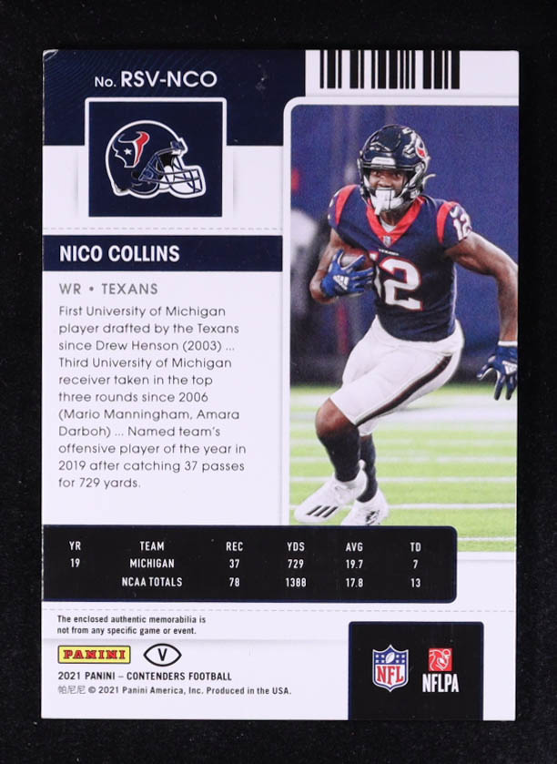 Nico Collins 2021 Panini Contenders Rookie Ticket Swatches Variation #27 RC at PristineAuction.com Nico Collins 2021 Panini Contenders Rookie Ticket Swatches Variation #27 RC at PristineAuction.com