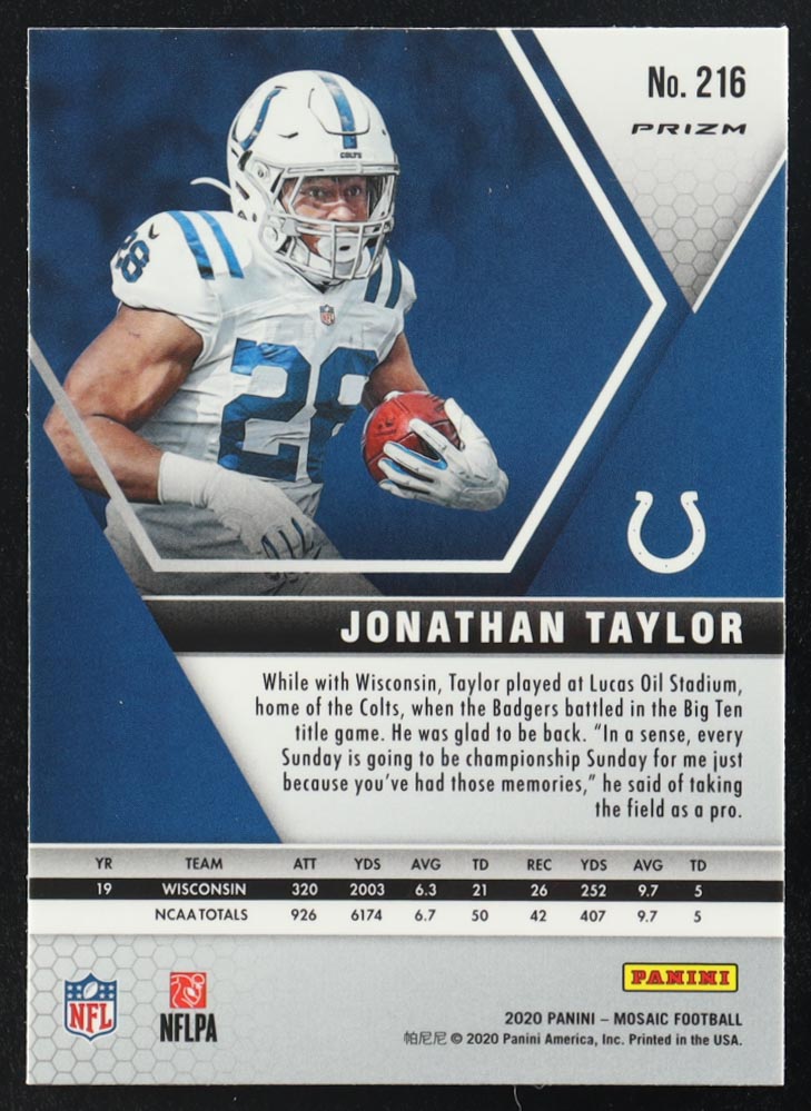 Jonathan Taylor 2020 Panini Mosaic Mosaic Choice Red and Green #216 RC at PristineAuction.com Jonathan Taylor 2020 Panini Mosaic Mosaic Choice Red and Green #216 RC at PristineAuction.com