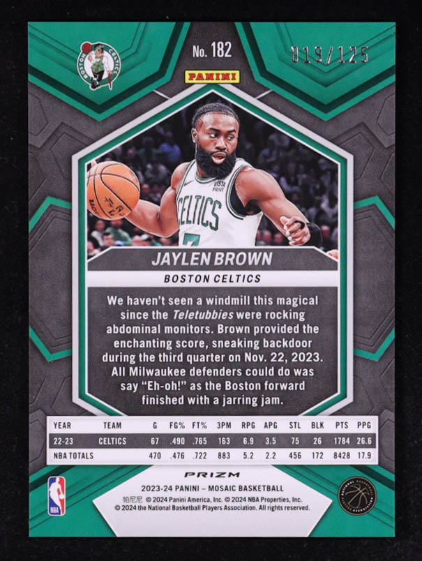 Jaylen Brown 2023-24 Panini Mosaic Mosaic Ice #182 #019/125 at PristineAuction.com Jaylen Brown 2023-24 Panini Mosaic Mosaic Ice #182 #019/125 at PristineAuction.com
