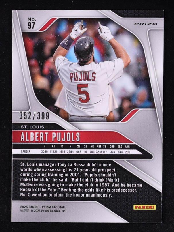 Albert Pujols 2025 Panini Prizm Prizms Orange Pulsar #97 #352/399 at PristineAuction.com Albert Pujols 2025 Panini Prizm Prizms Orange Pulsar #97 #352/399 at PristineAuction.com