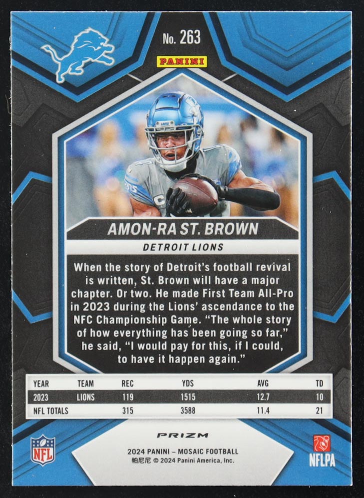Amon-Ra St. Brown 2024 Panini Mosaic Mosaic No Huddle Silver #263 NP at PristineAuction.com Amon-Ra St. Brown 2024 Panini Mosaic Mosaic No Huddle Silver #263 NP at PristineAuction.com