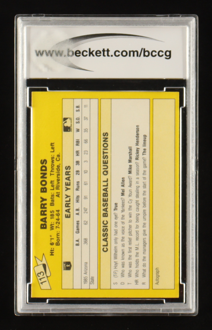 Barry Bonds 1987 Classic Update Yellow #113 RC (BCCG 10) at PristineAuction.com Barry Bonds 1987 Classic Update Yellow #113 RC (BCCG 10) at PristineAuction.com