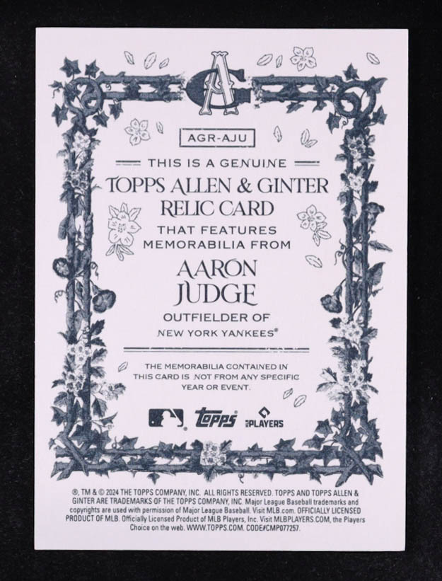 Aaron Judge 2024 Topps Allen and Ginter Relics #AGRAJU B at PristineAuction.com Aaron Judge 2024 Topps Allen and Ginter Relics #AGRAJU B at PristineAuction.com