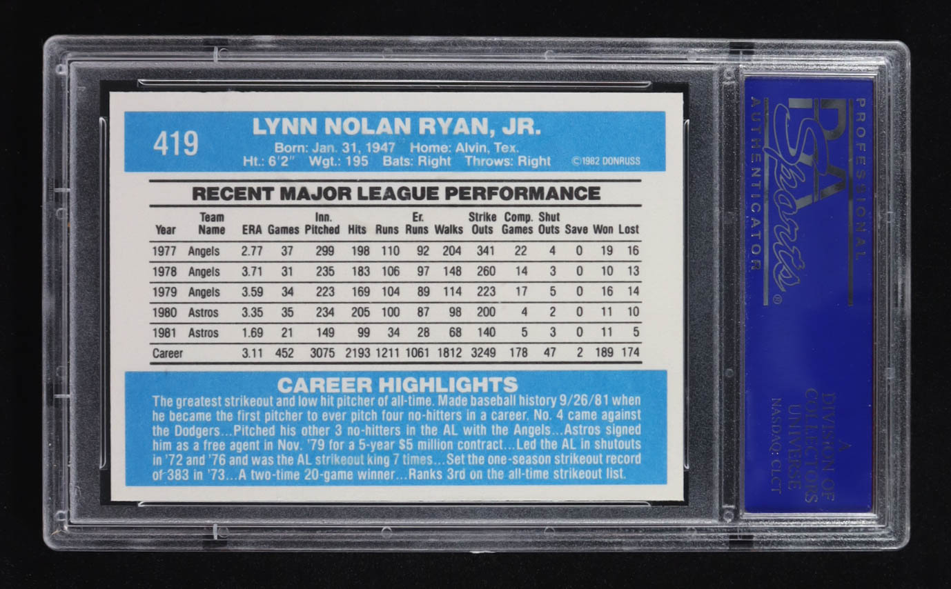 Nolan Ryan 1982 Donruss #419 (PSA 8) at PristineAuction.com Nolan Ryan 1982 Donruss #419 (PSA 8) at PristineAuction.com