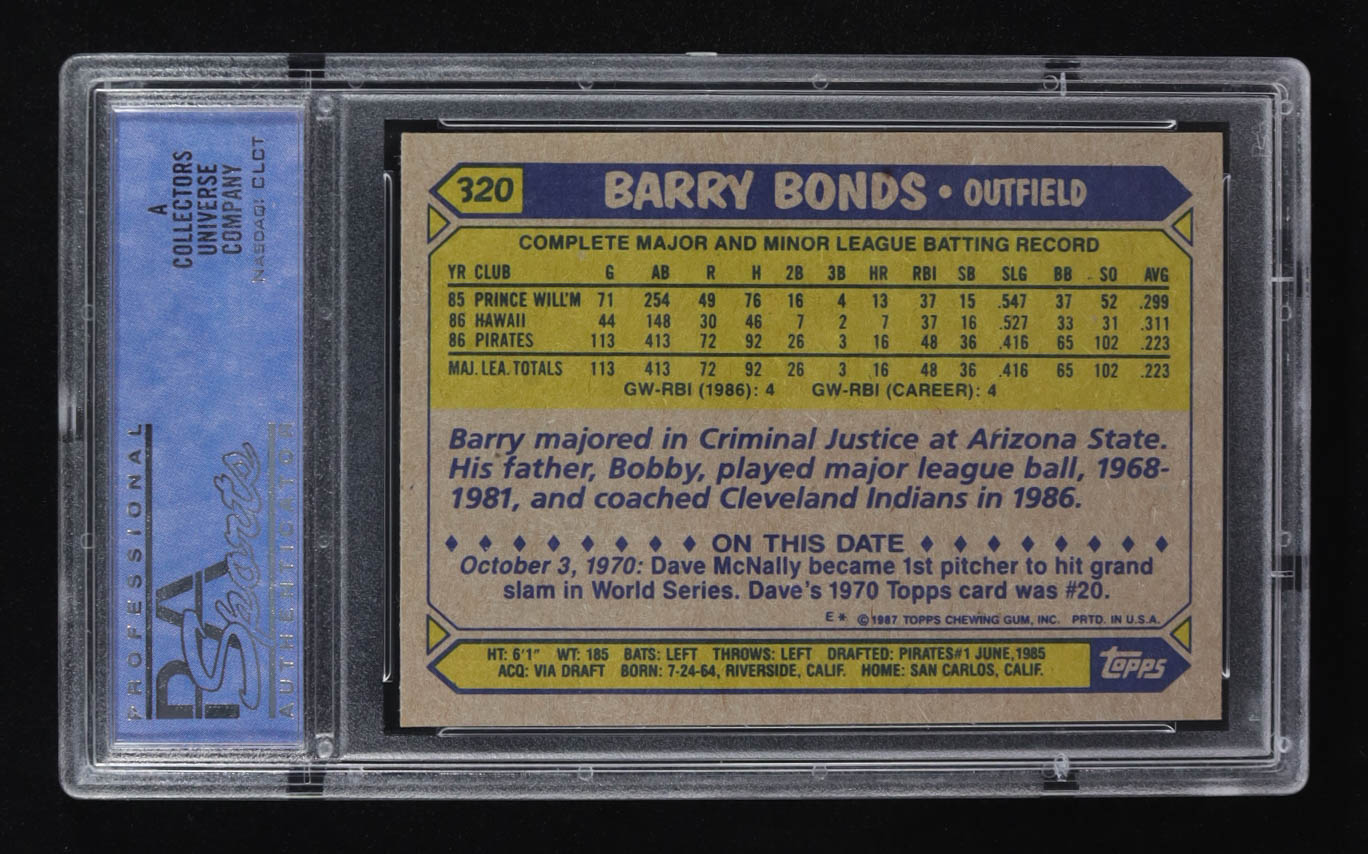 Barry Bonds 1987 Topps #320 RC (PSA 8) at PristineAuction.com Barry Bonds 1987 Topps #320 RC (PSA 8) at PristineAuction.com