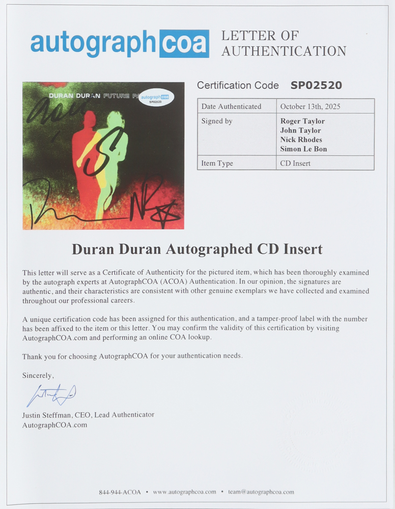 Duran Duran Custom Framed "Future Past" CD Insert Display With Disc Signed by (4) with Roger Taylor, John Taylor, Nick Rhodes & Simon Le Bon (ACOA) at PristineAuction.com Duran Duran Custom Framed "Future Past" CD Insert Display With Disc Signed by (4) with Roger Taylor, John Taylor, Nick Rhodes & Simon Le Bon (ACOA) at PristineAuction.com