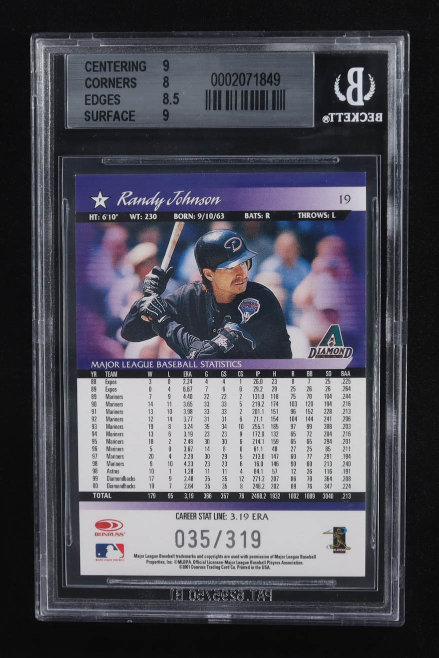 Randy Johnson 2001 Donruss Stat Line Career #19 #035/319 (BGS 8.5) at PristineAuction.com Randy Johnson 2001 Donruss Stat Line Career #19 #035/319 (BGS 8.5) at PristineAuction.com