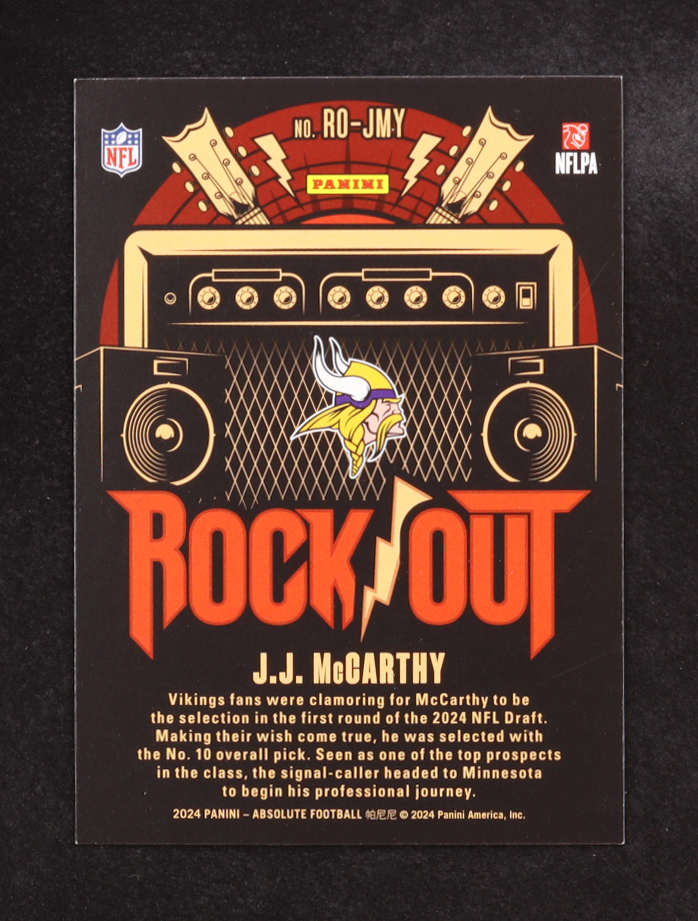 J.J. McCarthy 2024 Absolute Rock Out #12 RC at PristineAuction.com J.J. McCarthy 2024 Absolute Rock Out #12 RC at PristineAuction.com